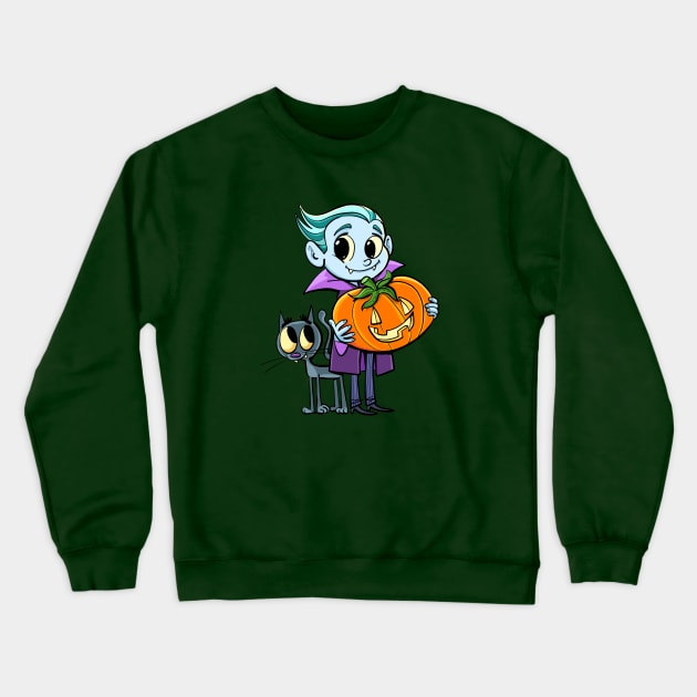 little dracula holds a pumpkin for halloween and the cat flies around his legs Crewneck Sweatshirt by duxpavlic